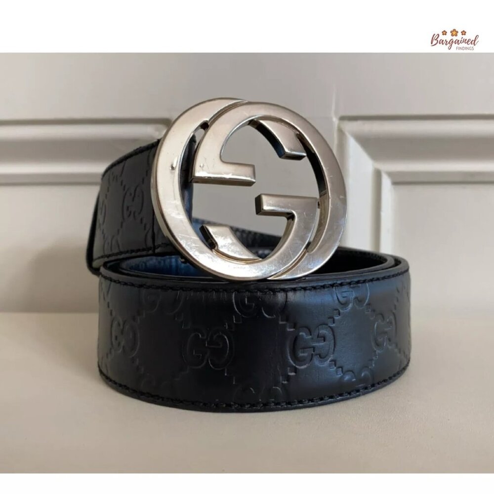 Authentic Gucci Black Monogram Guccissima Leather Silver Buckle Belt 85/34 - Picture 12 of 13